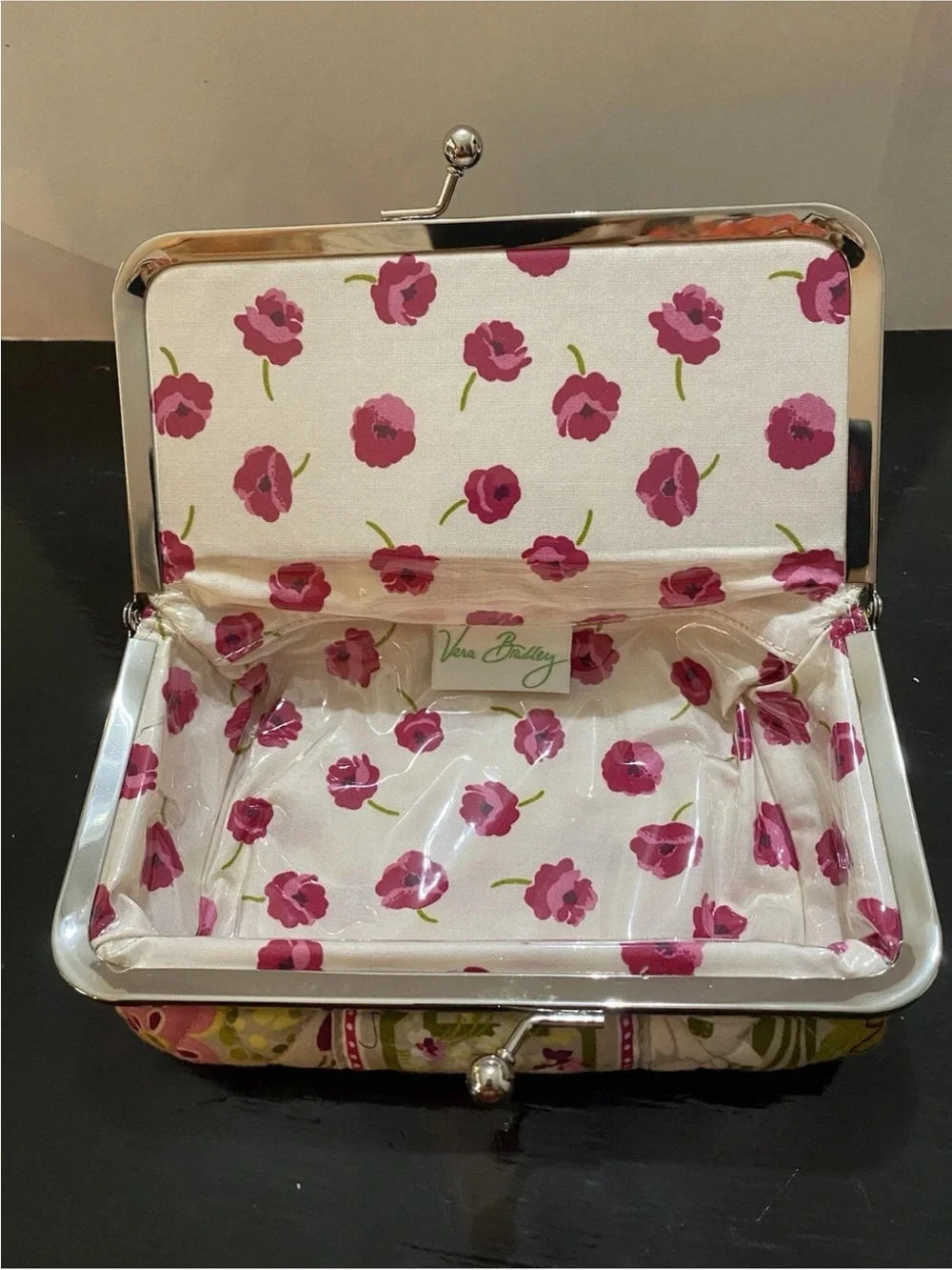 Vera Bradley Mocha Rouge Pink Floral Cosmetic Makeup Bag Case Kisslock